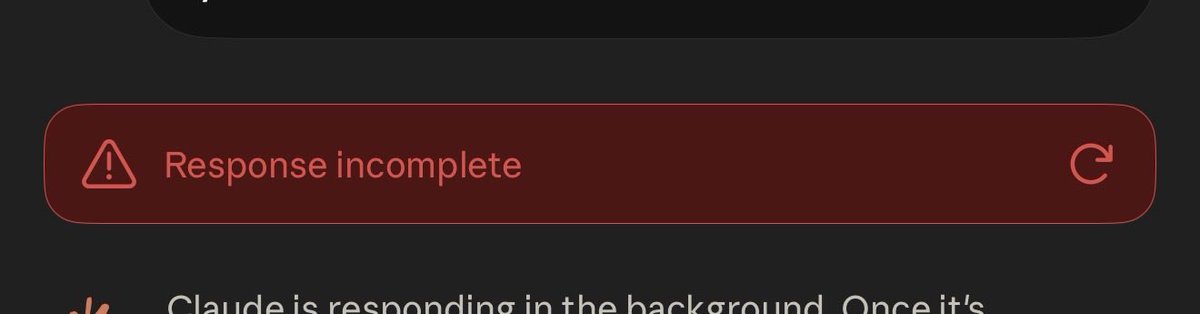 jessedeanrivero's tweet photo. I’m on the Max 5x plan on Claude and every time I use Fable or Opus (even in fresh threads) I get “response incomplete”…

@AnthropicAI @claudeai… any help? https://t.co/CshWXsFH9P