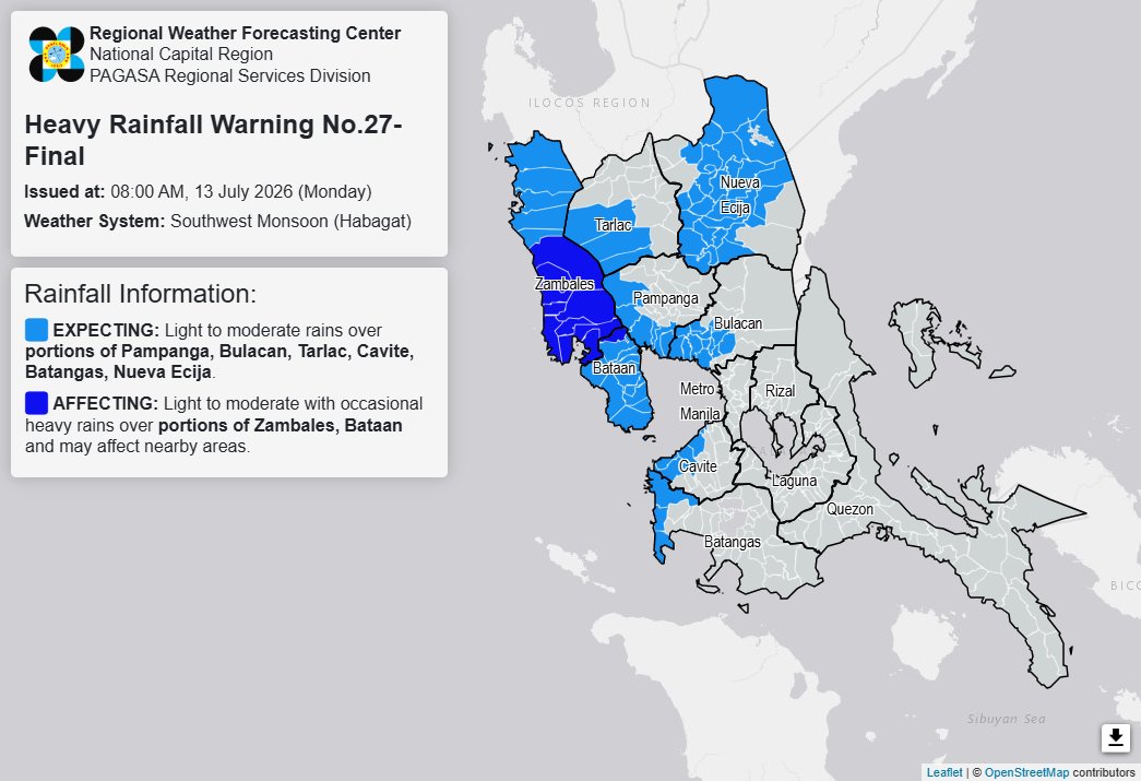 dost_pagasa's tweet photo. Heavy Rainfall Warning No. 27-Final #NCR_PRSD
Weather System: Southwest Monsoon (Habagat)
Issued at: 8:00 AM, 13 July 2026(Monday)

Light to moderate rains was observed over Zambales and Bataan for the past 3 hours. With this development all RAINFALL WARNING in these areas are now terminated.

Meanwhile, expect light to moderate rains over Pampanga(Lubao, Sasmuan, Macabebe, Masantol, Floridablanca, Porac), Bulacan(Hagonoy, Paombong, Calumpit, Malolos, Santa Maria, Bocaue, Bulakan, Balagtas, Guiguinto, Pandi, Plaridel, Pulilan, Bustos), Tarlac(Bamban, Capas, San Jose), Cavite(Noveleta, Cavite City, Rosario, Tanza, Naic, Ternate, Maragondon), Batangas(Nasugbu, Lian, Calatagan) and Nueva Ecija(Lupao, San Jose, Talugtug, Pantabangan, Munoz, Santo Domingo, Talavera, Llanera, Rizal, General Mamerto Natividad, Carranglan, San Leonardo, Santa Rosa, Cabanatuan, Aliaga, Quezon, Palayan, Bongabon, Laur, Penaranda, Jaen, San Isidro, Gapan, Cabiao, San Antonio, Zaragoza, Licab) within the next 3 hours.

Light to moderate with occasional heavy rains affecting Zambales(Olongapo, San Antonio, Castillejos, San Marcelino, San Narciso, Botolan, Cabangan, San Felipe, Subic) and Bataan(Dinalupihan) which may persist within 3 hours.
The public and the Disaster Risk Reduction and Management Offices concerned are still advised to MONITOR the weather condition.

For more information and queries, please call telephone numbers 8927-1335 and 8927-2877 or log on to https://t.co/59mTpZJq1n.