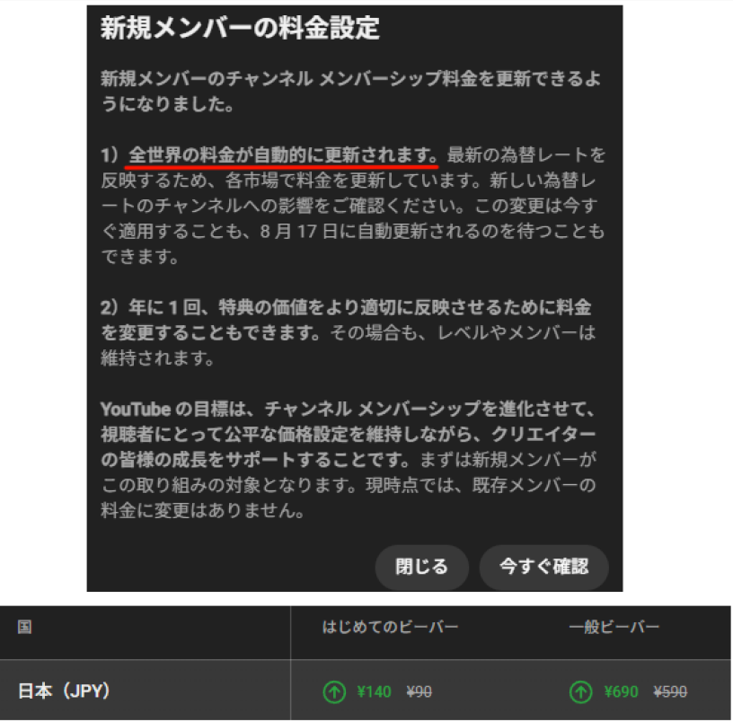 📢*お知らせ】 なんか知らんけど、YTの仕様でメンバーシップの料金が