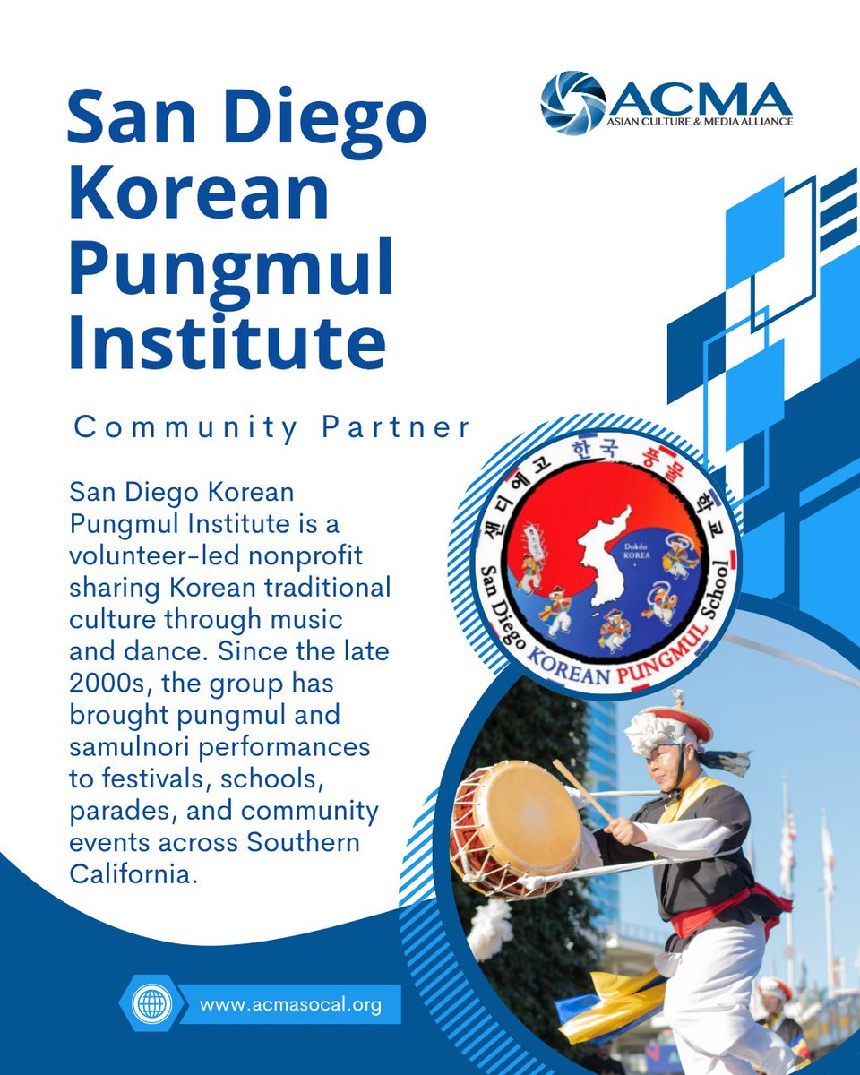 acmasocal's tweet photo. Proud to feature the San Diego Korean Pungmul Institute as an ACMA community partner. Through music, dance, and tradition, SDKPI preserves Korean culture and brings communities together across Southern California. #ACMA #SDKPI https://t.co/UUqRZQOwQi