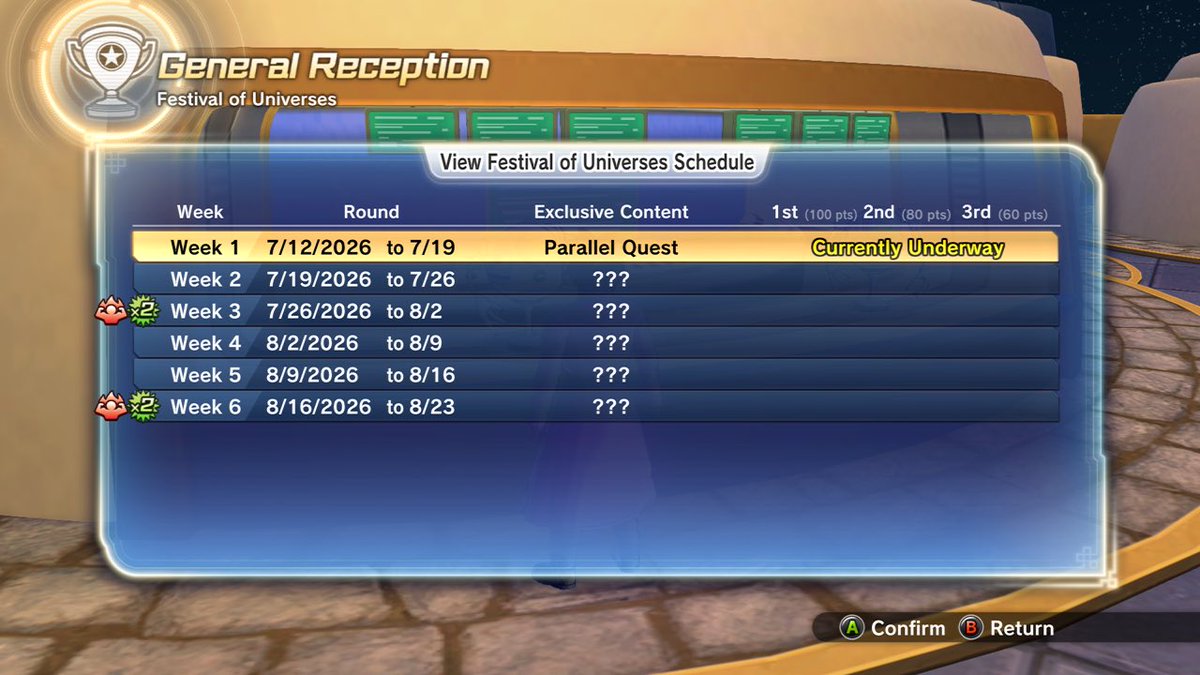 UVConverge's tweet photo. FESTIVAL OF UNIVERSES IS NOW LIVE‼️

Hop on in! This week is Parallel Quests!

The ones giving the most glory points are:

• PQ 65: The New Warriors
• PQ 70: Things Are Getting Serious! *Recommended*

#DBXV2 
#Xenoverse2 https://t.co/J7ULk2F4vD