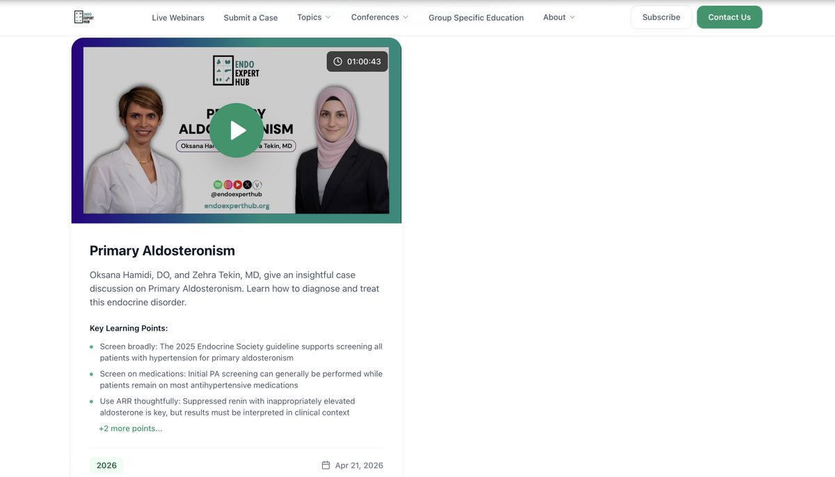 EndoExpertHub's tweet photo. 💡Missed an EndoExpertHub webinar?

All past sessions are available to watch anytime on YouTube!

Sessions organized by topic can also be viewed directly on our website.

🌐Explore more: https://t.co/NLNtqdF613

⮕ Watch the full recording on Primary Aldosteronism with Oksana Hamidi, DO, and Zehra Tekin, MD:
https://t.co/SvTVMJsbJr

#EndoExpertHub #Endocrinology #MedicalEducation #CME #ContinuingMedicalEducation #HealthcareProfessionals #Endocrine #Diabetes #Obesity #Metabolism #HormoneHealth #ClinicalEducation #EvidenceBasedMedicine #MedicalLearning @EJEndo @GenesNDiseases @EndocrineToday @TheLancetEndo @utsw_endocrine @UTSWMedCenter @UTSWInternalMed