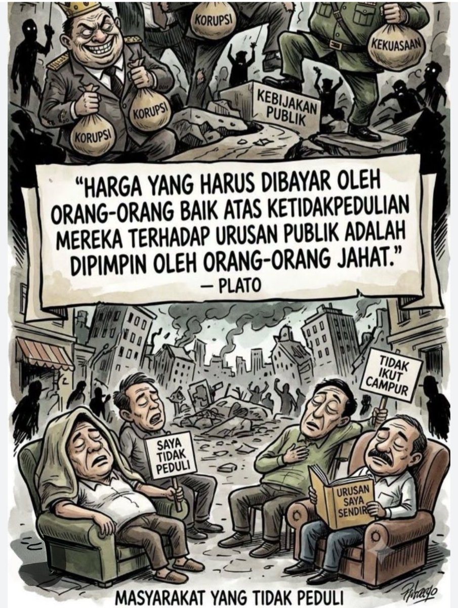 taufik_q's tweet photo. Selamat Senin Pagii
Kawan, harga yang harus kita bayar karena kita enggak peduli, apatis dan 'ogah politik' adalah dipimpin oleh orang-orang yang hanya peduli pada kantong sendiri. Diam kita adalah karpet merah bagi mereka. Masih mau lanjut bilang 'saya tidak peduli'?
Plato sudah memperingatkan, kita saja yang bebal.😛😤
--
Bajingan Agit Jam 3  Laura Loomer YUKLIBUR Robinhood   MPLS Petani