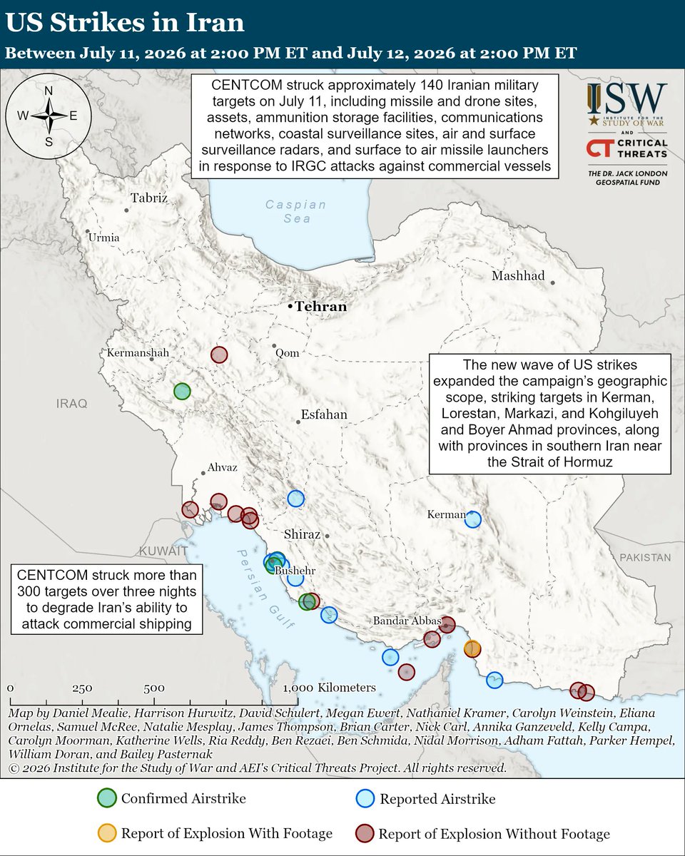 seapowerblog's tweet photo. イランはホルムズ海峡の支配維持を最優先🤔
イランは 海峡支配を「国家存亡レベルの戦略的利益」 と位置づけ、いかなる代替航路案も拒否している。支配を失うことは「重大な戦略的敗北」「降伏」に等しいと認識。最高指導者顧問レザーイは海峡を「原爆数十発より重要」と表現。
オマーンは、南側：オマーン領海を通る自由航行ルート、北側：イラン領海を通るが事前承認のみ必要、通行料なし、の二重ルートを提案。イランはこれを拒否し、海峡管理権を弱める案は受け入れられないと主張。アラグチ外相はオマーンとの協議で承認を得られず、テヘランへ持ち帰り。
米軍は 3日間で300以上の標的 を攻撃し、ミサイル・ドローン・海軍能力・レーダーなどを破壊したが、イランは依然として個別の商船攻撃能力を維持。7月11日：GFS Galaxy（キプロス船籍）に巡航ミサイル攻撃、7月12日：別の船舶への攻撃を主張。個別攻撃でも船舶のリスク判断を左右し、海峡通行を実質的に阻害可能な状態。
7月12日、イランは バーレーン、クウェート、ヨルダン、カタール、オマーンの米軍施設にミサイル・ドローン攻撃。目的は、湾岸諸国が米国・湾岸主導の海峡再開努力を支援することを抑止するとともに、イランの海峡支配を認めさせるための圧力をかけること。カタールとオマーンは米・イラン間の仲介役だが、イランは彼らが「米国の圧力に屈した」と非難。
イランは外交的譲歩を拒否し、軍事力を用いて海峡支配を既成事実化しようとしている一方、米軍の攻撃はイランの能力を削いでいるが、イランの意思決定や戦略目標は変化していない。湾岸諸国への攻撃は、地域全体を巻き込む抑止・強制戦略の一環となっている。
ISW Iran Update Special Report, July 12, 2026