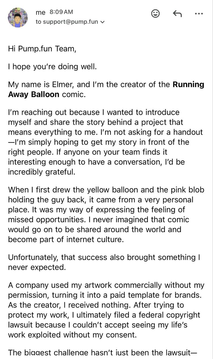 superelmerds's tweet photo. Today, I reached out to @Pumpfun to share the Running Away Balloon story. Now we wait and hope they see it.

Court cases take time, but I’m doing everything I can. Thank you for sticking with me every step of the way.

GM $Balloon 🎈 https://t.co/ew06N90FXR