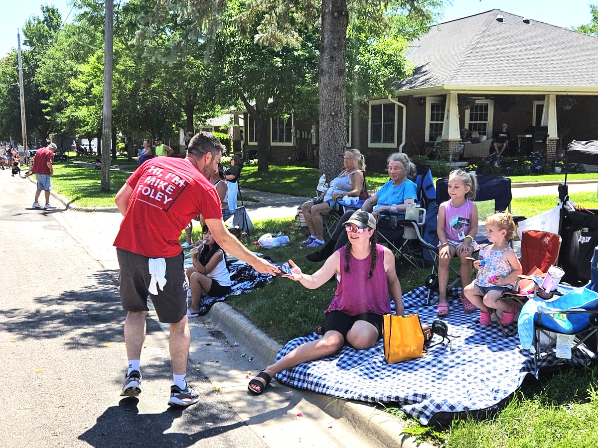 MikeFoley4REAL's tweet photo. So many good people at Monticello Riverfest today — a kind wagon‑pulling helper, kids sharing candy with our walkers, lots of loud thank yous, and a garden hose hero at the end that cooled us off. Thank you so much to all of you that made this parade special! https://t.co/DAXU6aWTA1