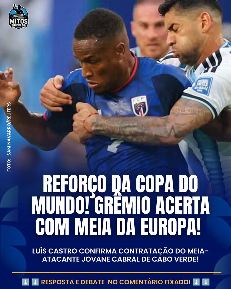 Mitostricolor's tweet photo. 🚨 REFORÇO! Luís Castro confirmou a contratação do meia-atacante Jovane Cabral, de 28 anos, que jogou a Copa de 2026 por Cabo Verde. Ex-Sporting e Lazio, o atleta estava livre no mercado europeu e assina por um ano e meio. 🇪🇪

Siga @MitosTricolor

#Grêmio https://t.co/3Vm2kaKZP5