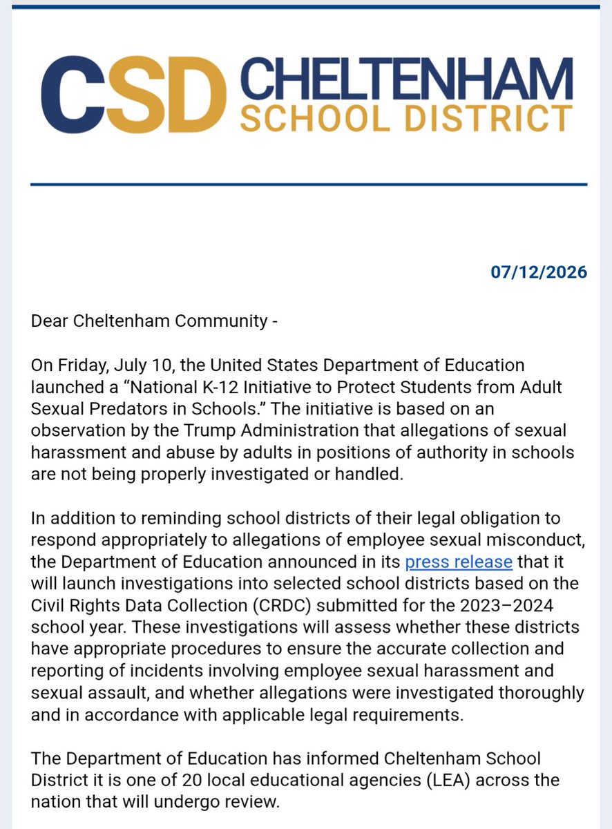 RedOctoberJuls's tweet photo. The Department of Education (which I guess still exists) has announced they will be investigating my school district, one of 20 nationwide, for sexual harassment. 

I'm sure this has nothing to do with the fact that our district voted 87% Harris and that is a plurality black. https://t.co/4CaRy5ZFTN