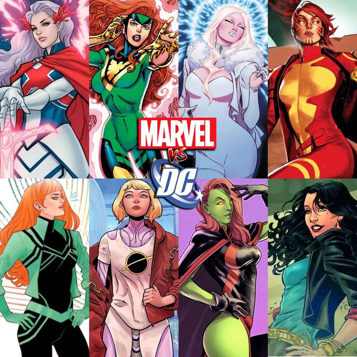 girlpowermarvel's tweet photo. MARVEL VERSUS DC 

Battle of the PSIONICS! 

🔴MARVEL’S Phoenix, Emma Frost, Captain Britain and Rachel Summers 

VERSUS 

🔵DC’S Miss Martian, Saturn Girl, Omen and Gypsy https://t.co/K3gpSNfDPm