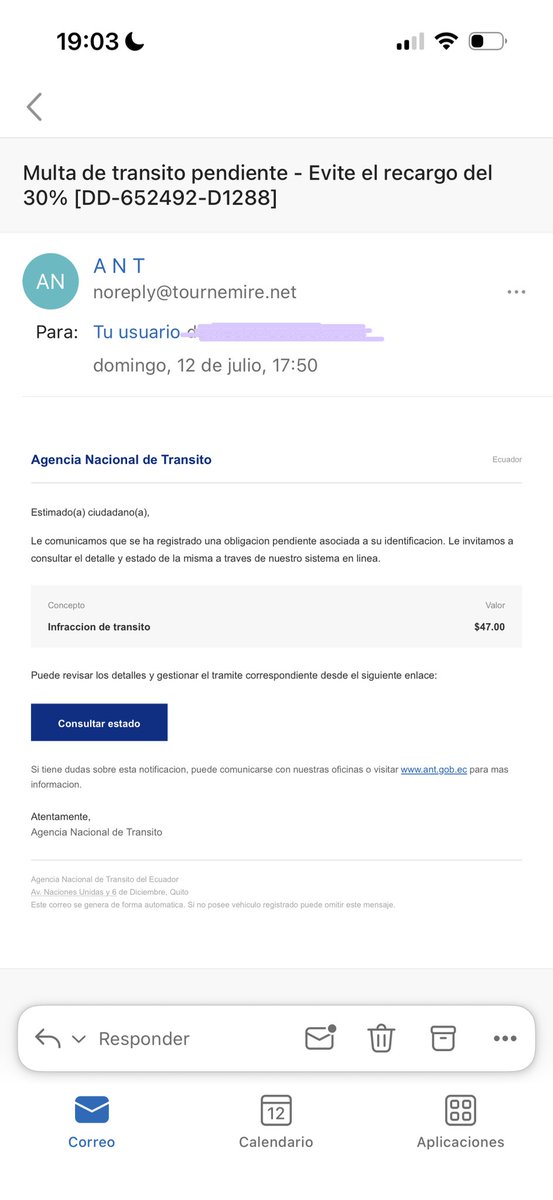 jamiavilesb's tweet photo. Señores @ANT_ECUADOR recibí un correo indicando una supuesta multa de tránsito. Ingresé a la página oficial para verificar y no me aparece ninguna multa registrada. Es un correo oficial o intento de estafa? #phishing #ANT #Ecuador #AlertaCiudadana #ANTEcuador https://t.co/aFf1RkkDgX