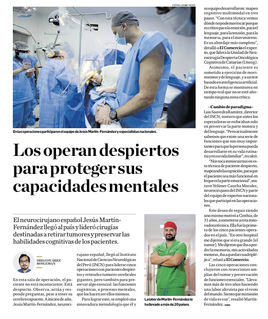 blogdenotas's tweet photo. Hoy, en la edición impresa de @elcomercio_peru, Diego Suárez (@Bosleman) publica una interesante nota sobre el paso por el Perú del neurocirujano español Jesús Martín-Fernández, MD, MSc para realizar complejas cirugías cerebrales con el paciente despierto. 1/3 https://t.co/NZuo2W4d3F