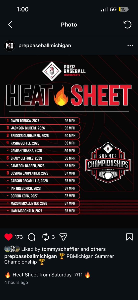 GradyJeffries9's tweet photo. Sat 85-87 topping 88 this weekend. C/O 2029. @umichbaseball @MSUBaseball @BritonsBaseball @almontbaseball @AquinasBaseball @WMUBaseball https://t.co/iBLjHipUcV