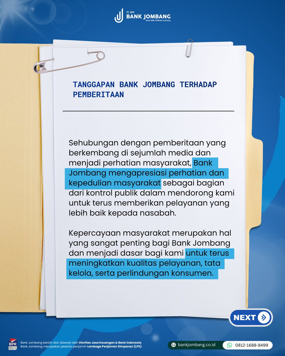 MuhamadImamJul2's tweet photo. Untuk informasi lebih lanjut, masyarakat dapat menghubungi saluran resmi Bank Jombang. 📞 

#BankJombang #TanggapanResmi #Klarifikasi #InformasiResmi

Bank Jombang berizin dan diawasi oleh OJK &amp; Bank Indonesia. Bank Jombang merupakan peserta penjamin LPS. https://t.co/FsE4HeKvIJ
