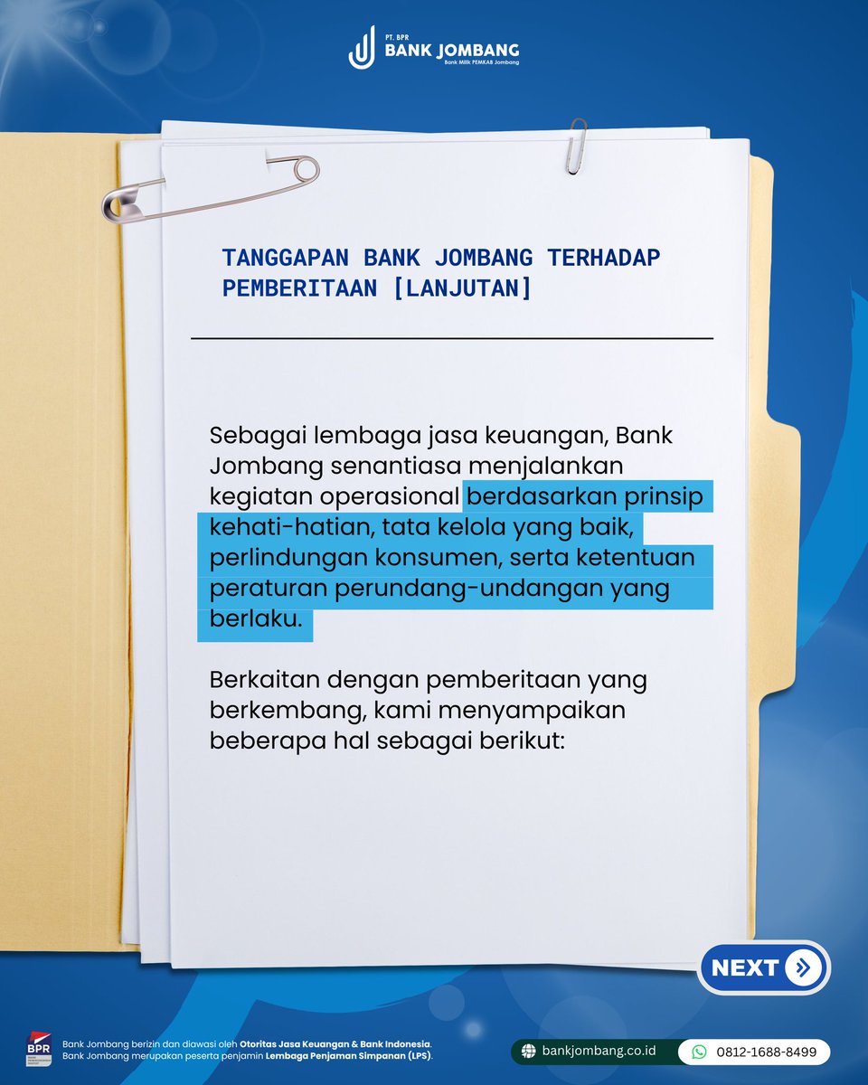 MuhamadImamJul2's tweet photo. Untuk informasi lebih lanjut, masyarakat dapat menghubungi saluran resmi Bank Jombang. 📞 

#BankJombang #TanggapanResmi #Klarifikasi #InformasiResmi

Bank Jombang berizin dan diawasi oleh OJK &amp; Bank Indonesia. Bank Jombang merupakan peserta penjamin LPS. https://t.co/FsE4HeKvIJ