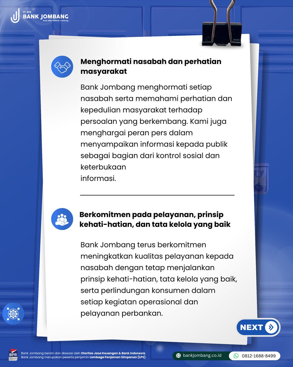MuhamadImamJul2's tweet photo. Untuk informasi lebih lanjut, masyarakat dapat menghubungi saluran resmi Bank Jombang. 📞 

#BankJombang #TanggapanResmi #Klarifikasi #InformasiResmi

Bank Jombang berizin dan diawasi oleh OJK &amp; Bank Indonesia. Bank Jombang merupakan peserta penjamin LPS. https://t.co/FsE4HeKvIJ