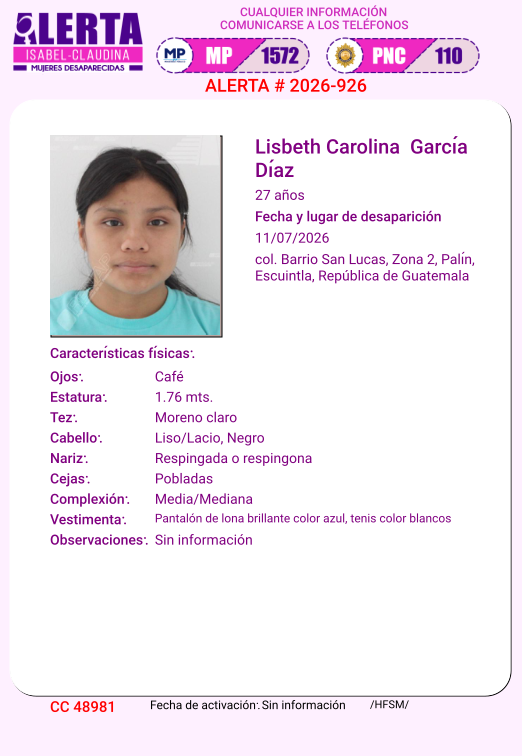 isabel_claudina's tweet photo. #AlertaIsabelClaudina
📷 Ayúdenos a encontrar
LISBETH CAROLINA GARCÍA DIAZ
Desapareció el 11 de julio de 2026
Cualquier información comunicarse al teléfono 📷 1572
Gracias por difundir esta información📷 https://t.co/tSzHzisM8Z