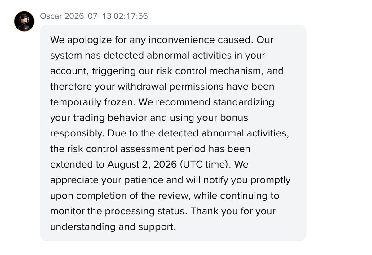 exploin_lll's tweet photo. #scam #kcex #Attention 

Without real reasons and arguments, the exchange refused to remove risk control according to the 5-day review regulations, which are specified in the rules, adding 21 days to the review, this is fraud. 
@KCEX_Official 

Support with a repost!!! https://t.co/J0DnVPbnPY