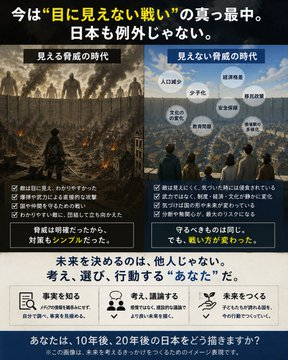 __m_sy's tweet photo. ◯撃の◯人の世界観で例えるなら、

敵はいつも、
壁の外から来るとは限らない。

昔の戦争は、
爆弾が落ち、街が焼かれ、
誰もが敵を目で見ることができた。

しかし現代は違う。

人口減少。
少子化。
経済格差。
治安。
安全保障。
そして移民政策。

これらは、 https://t.co/YVgEwyH0zI