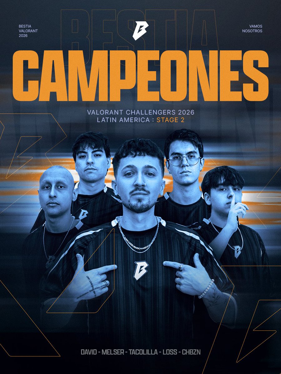bestia_corp's tweet photo. SOMOS CAMPEONES 🏆

Les ganamos 3-2 a @KRUesports Spark en la Gran Final y nos quedamos con el Challengers 2026 LATAM Sur: Stage 2 🔥

😈 @Melserlol 
😈 @chubifps 
😈 @lossvlr 
😈 @davidvlr1 
😈 @tacolillalzh 
😈 @phonicsfps

#SomosBESTIA 😈 #VCLLatam https://t.co/QRjRjbnR8h