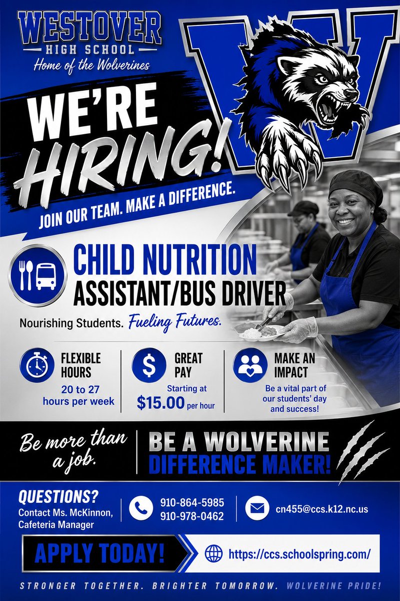 WestoverHS's tweet photo. We're looking for a Child Nutrition Assistant/Bus Driver to join the Wolverine family!
📷 20–27 hours/week
📷 Starting at $15.00/hour

Interested? Contact Ms. McKinnon at 910-864-5985 or 910-978-0462, or email cn455@ccs.k12.nc.us.
📷 Apply today: https://t.co/MTBrkAq8N7 https://t.co/s0UZ8PE9Bc