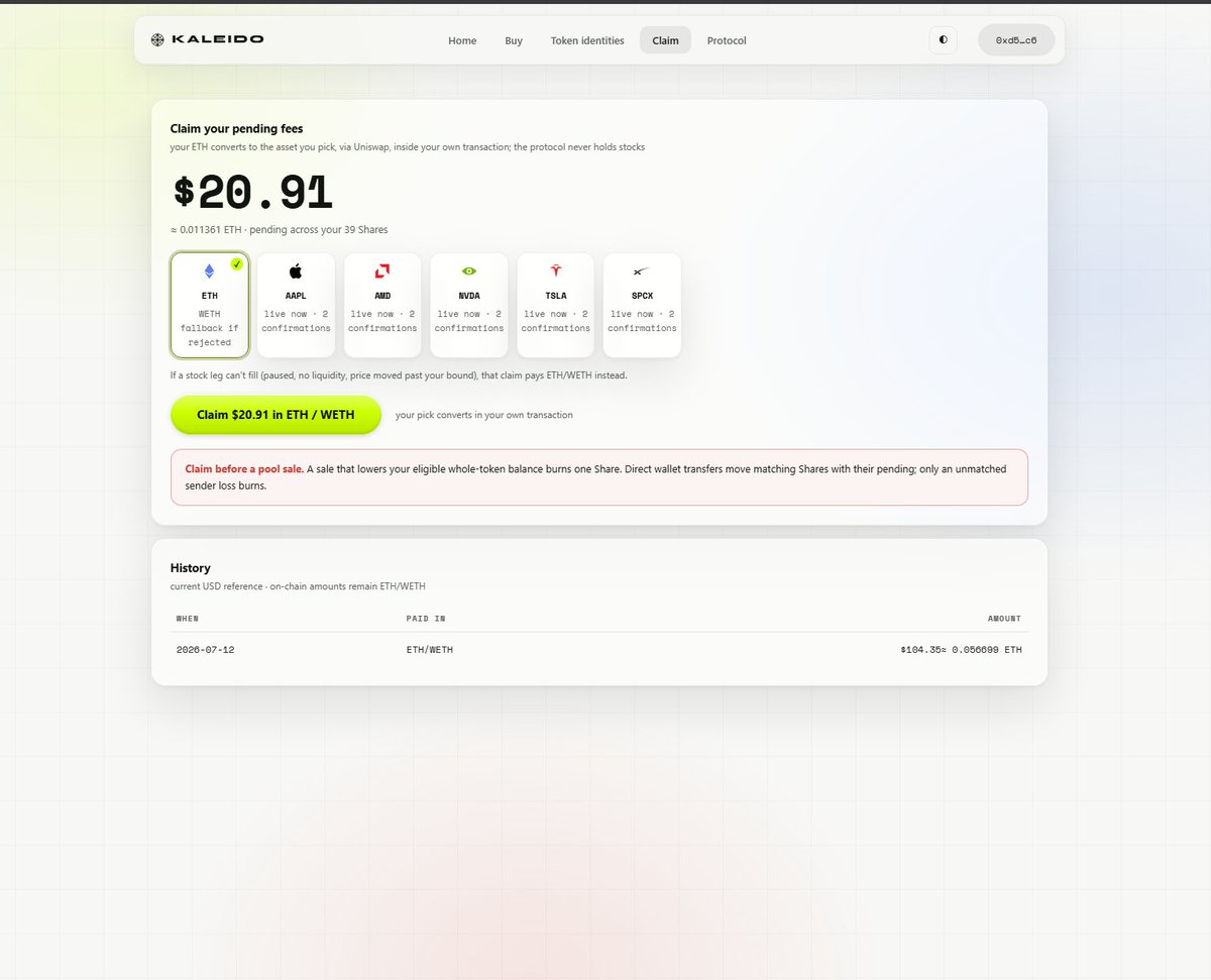 KaleidoFi's tweet photo. Step 1: buy $KALEIDO
Step 2: every whole $KALEIDO you hold activates 1 unique NFT Share
Step 3: earn REAL fees from every trade
Step 4: claim them in ETH or the tokenized stock YOU choose

One token. Two forms. Real-world choice. https://t.co/cJgG7LyVmm