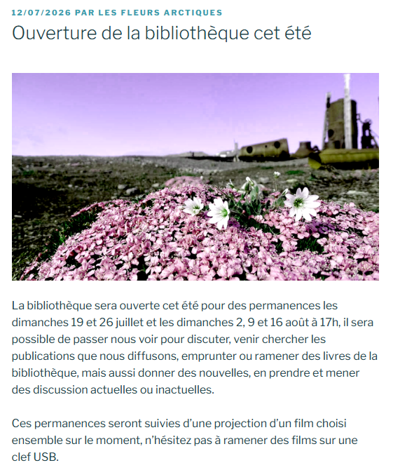 FleursArctiques's tweet photo. Ouverture de la bibliothèque cet été. 

Permanences et projection en juillet et en août à différentes dates. N'hésitez pas à passer aux Fleurs discuter, venir chercher des brochures et regarder des bons films ! https://t.co/QkzAtwpCEL
