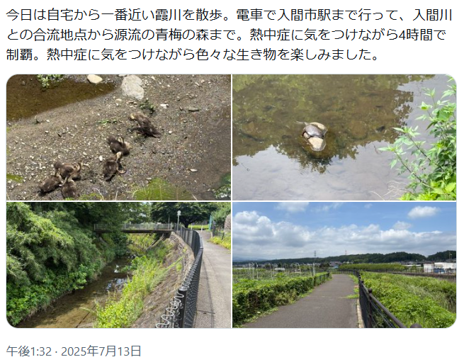 redfrog_note's tweet photo. おはようございます。先週の快晴から一転曇り空。梅雨明け待ち遠しいです。
2025年7月13日の投稿を紹介します。
（霞川は、東京都青梅市の丘陵地に源を発し、埼玉県西部（入間市など）を流れ、狭山市下広瀬付近で入間川に合流する全長15.8kmの一級河川です。） https://t.co/8GSti2gcbo
