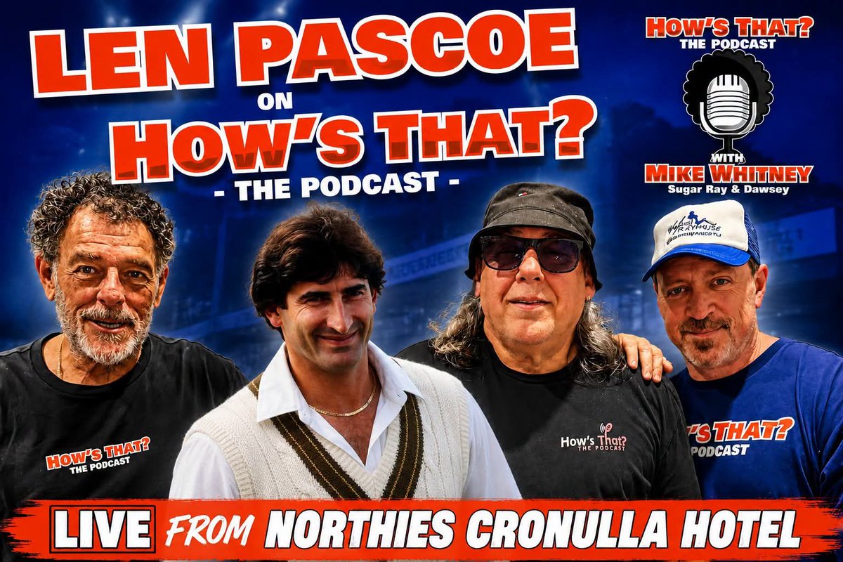 HowsThatPodcast's tweet photo. Our How's That? - The Podcast episode with cricket legend Len Pascoe recorded LIVE at Northies Cronulla Hotel is up now on all platforms....

Listen here - https://t.co/vIpuh8aM4S https://t.co/GalgJwXt0l