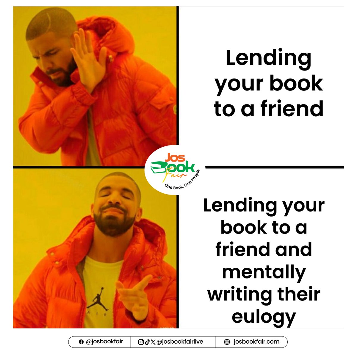 josbookfairlive's tweet photo. Book lover problems. 😂

📚 "I'll buy just one."
➡️ Leaves with a new personality.
📖 Lending a favorite book...
➡️ Instant anxiety.

Which one are you? 👇
#JosBookFair #BookMemes #ReadingCulture #OneBookOnePeople #BookLovers https://t.co/lOzsratzAC