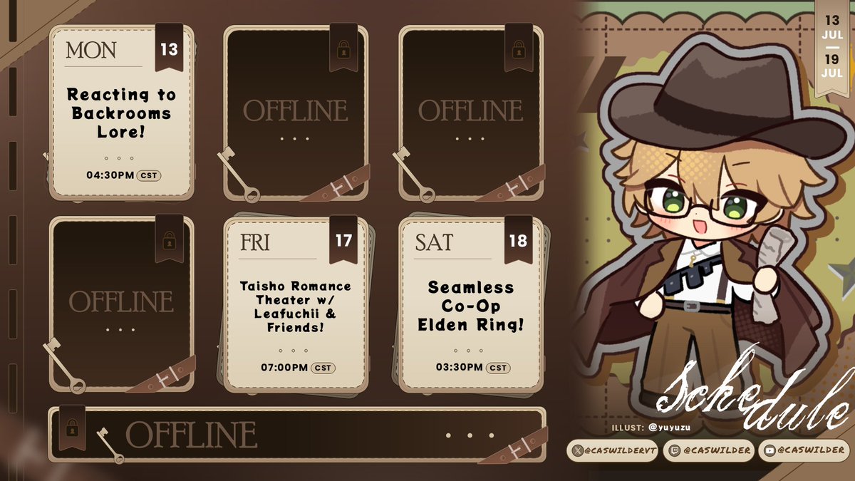 caswildervt's tweet photo. Schedule for 13JUL - 19JUL!

Monday: Reacting to Backrooms Lore!

Friday: Taisho Romance Theater w/ @LeafyDubs, @OrpheusHatzi, @bakawolfboy, and @SnuggleVelocity!

Saturday: Elden Ring Seamless Co-op w/ @KawamoriVT, @OrpheusHatzi, @michisings, @ryotetsurugi, &amp; @lotthedragon! https://t.co/NMlacDos9J