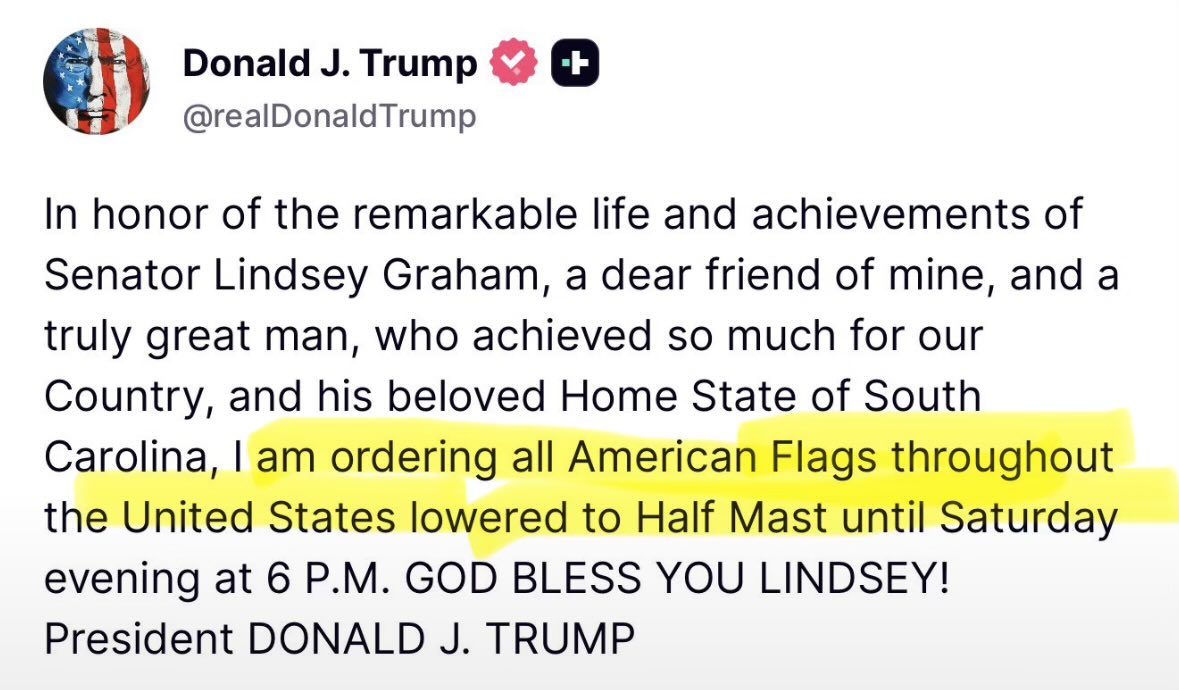 WUTangKids's tweet photo. Lmao moron doesn’t realize he can only "order" flags lowered to half mast at federal buildings https://t.co/XiDe4redNS