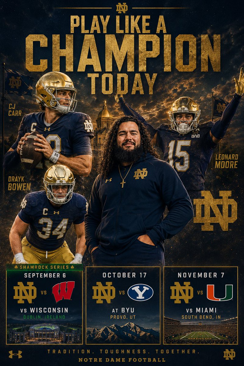 UTLCFB's tweet photo. The Fighting Irish the pride of Ireland, well South Bend. Their schedule is often criticized but the players are always to tier. Can the Irish strike Gold?

Head Coach: Chris Chomper

Rivalries: USC, Michigan, Navy, Michigan St, Stanford

Top Games: BYU, Miami, Michigan St https://t.co/JOD8XvEmdL