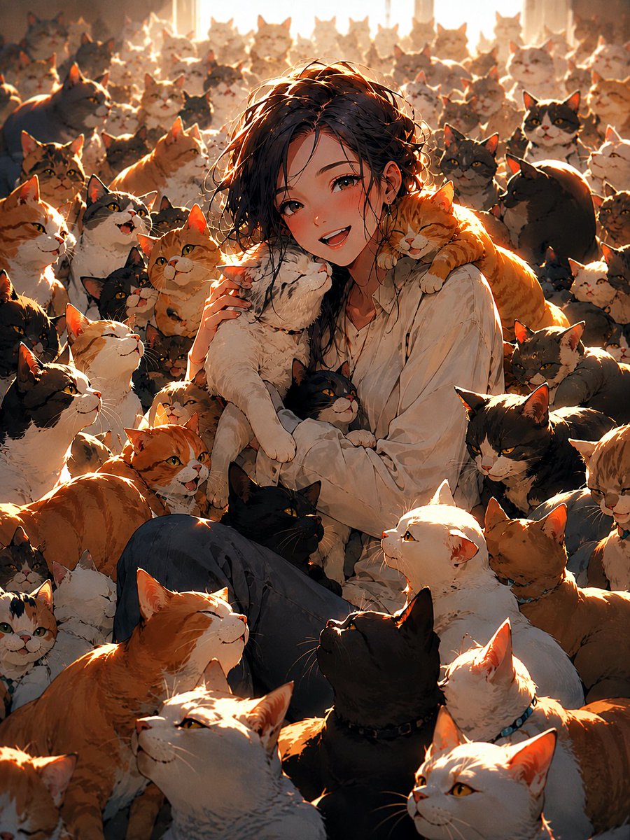Anime Girl Surrounded by Cats