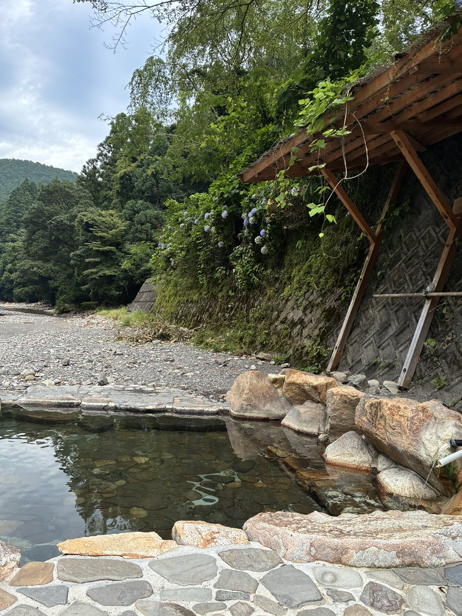 yuyama12's tweet photo. 民宿の目の前にあった薬師の湯

ちょうどいい湯加減でした。
この時期は紫陽花が頭上にあって楽しい。 https://t.co/iguIve0i7l
