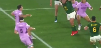 danabrahmsen's tweet photo. @Meatusx @Dreamchaser4132 @RadioRaps @ek_rugby No need to change, just enforce. As is, it's clearly not bringing the guy down immediately as required under 9.26 because he has time to take multiple steps forward. Safety issues aside, clear advantage by exploiting the fact both players can't be touched, so a penalty. https://t.co/6x5jGQQlXE
