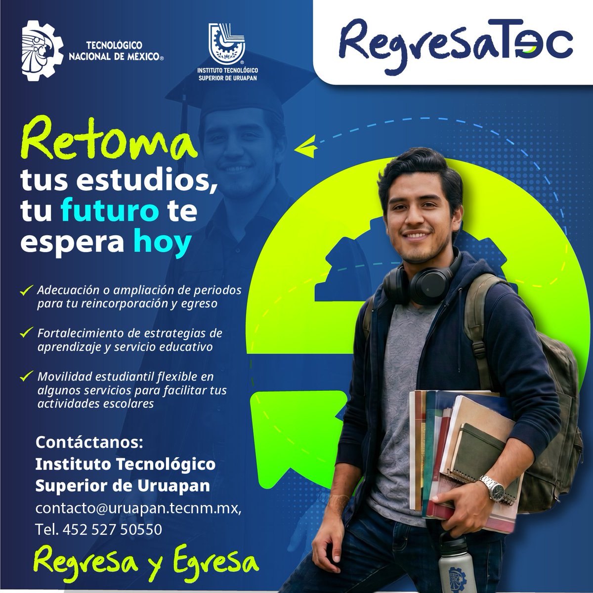 tec_uruapan's tweet photo. 🎓 ¡Nunca es tarde para volver y cumplir tus metas!  Si por alguna razón pausaste tus estudios, este es el momento de regresar. En el Instituto Tecnológico Superior de Uruapan queremos que todas las personas estudiantes tengan la oportunidad de retomar su camino profesional. https://t.co/xen4W3IBWa