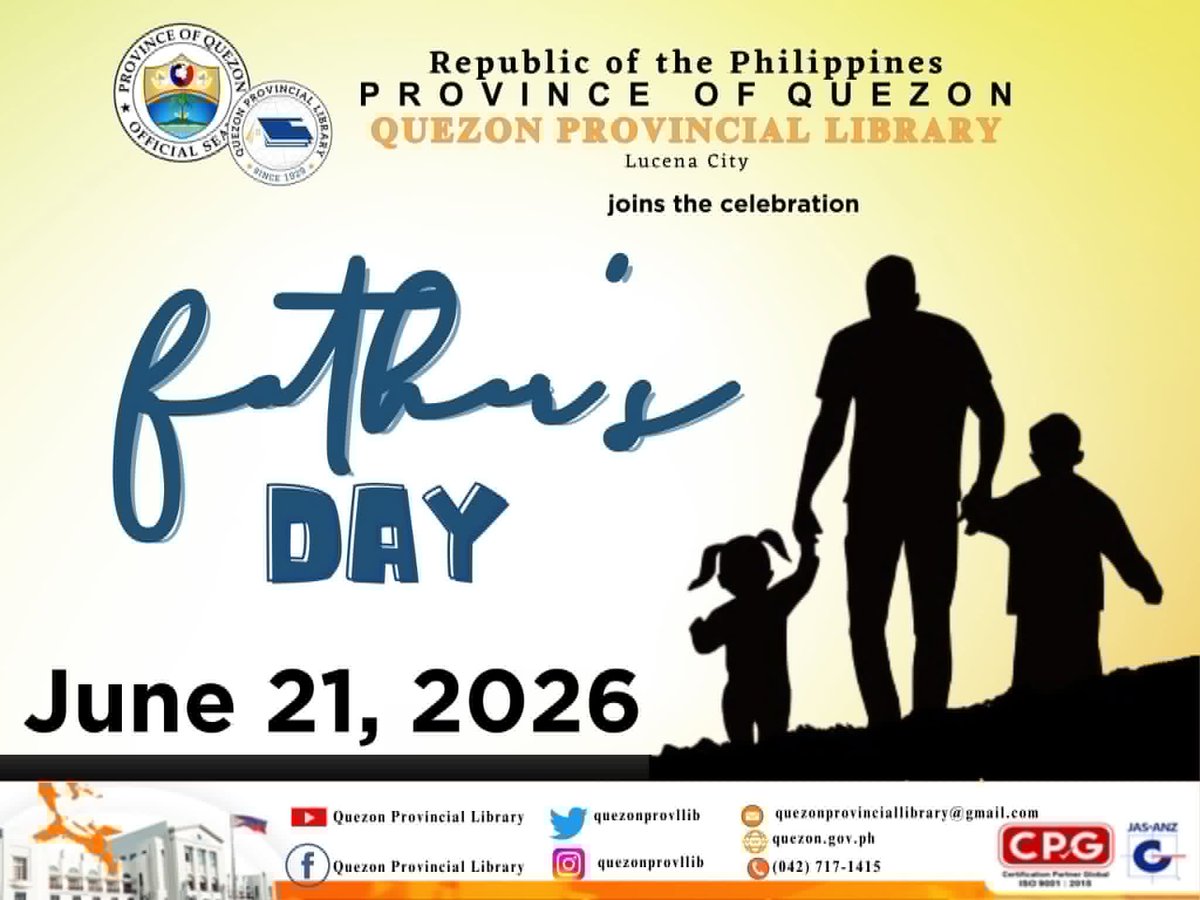 quezonprovllib's tweet photo. 𝐉𝐮𝐧𝐞 𝟐𝟏, 𝟐𝟎𝟐𝟔 𝐢𝐬 𝐅𝐚𝐭𝐡𝐞𝐫’𝐬 𝐃𝐚𝐲!

This is a special day dedicated to celebrating fatherhood, paternal bonds, and the invaluable influence of fathers and father figures. https://t.co/7yXbXgzuIi