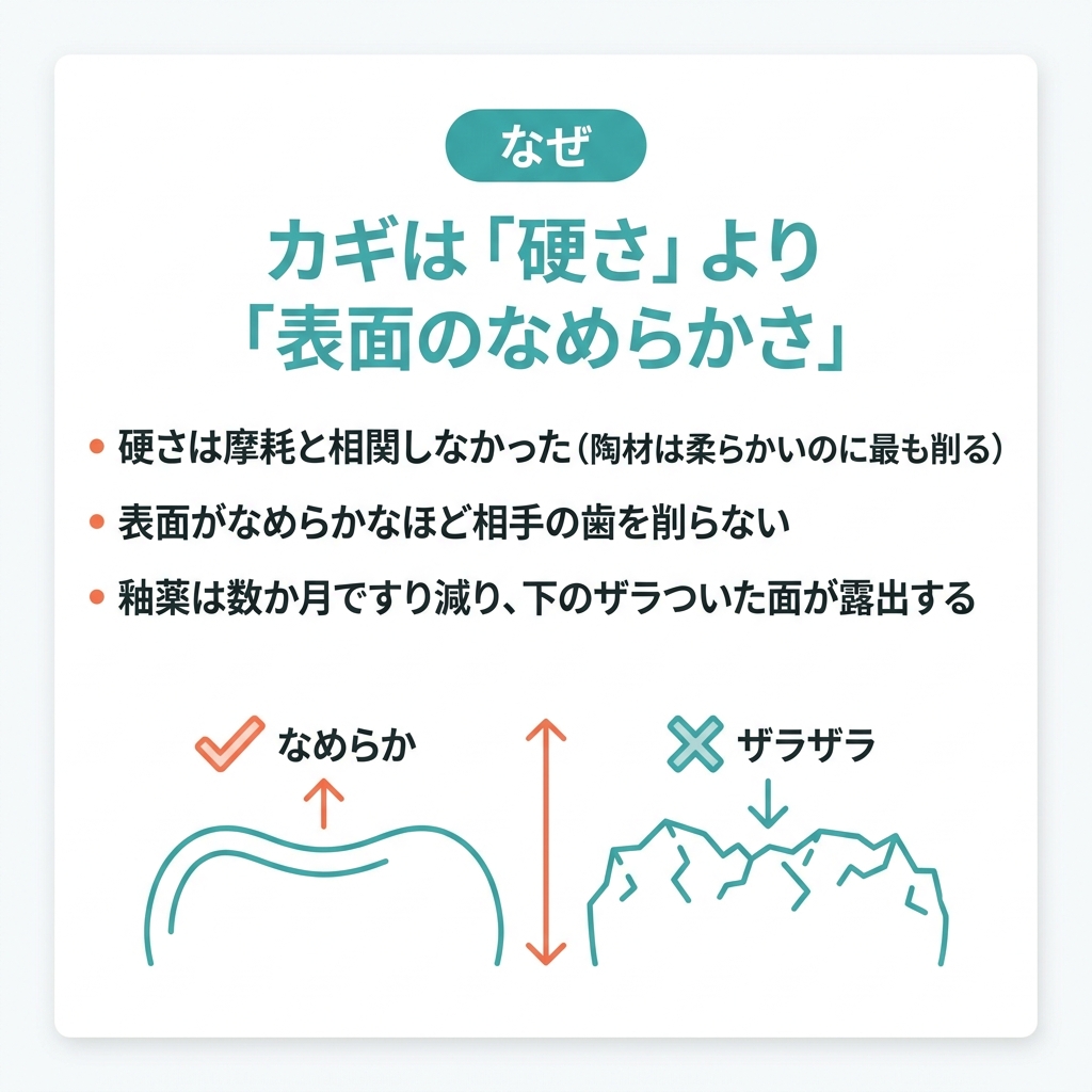 yuuta023's tweet photo. 論文解説

【「ジルコニアは歯を削る」と思っていませんか？】

奥歯のフルジルコニアは硬いから
対合の歯をガリガリ削ると思っていませんか
「天然エナメルの2倍以上の硬さ」が理由です

でも実際に測ったら👇

【論文の内容📃】

ジルコニアの仕上げを3通り（研磨／釉薬／研磨後再釉薬）に分け
築盛陶材・天然エナメル質と比べ
対合エナメル質の摩耗量を40万回こすって3D計測した試験管内研究

✅ 対合の歯を最も削らなかったのは研磨ジルコニア 0.21mm³
✅ 天然の歯どうし0.49より少なく、最多の築盛陶材2.15は約10倍
✅ 同じジルコニアでも研磨0.21→釉薬1.18で4倍以上の差

カギは硬さではなく「表面のなめらかさ」
釉薬は数か月で擦り減り、下のザラ面が露出して削り始める

【大原の一言📢】
ジルコニアの研磨はオプトラグロスを使用しています。（研磨工程が2つで済みます）
1箇所につき20秒ずつ。時間はかかりますが非常に大事な工程です。

【論文の限界😵】
試験管内（in vitro）の摩耗試験で荷重も10Nと低め
温度・pH・唾液・食片は再現されておらず各群8個と少数
「臨床でも同じ」と断言はできず対合歯を測る臨床試験が必要

🔗 細かい結果の数字・仕組み・明日の臨床はブログで👇
https://t.co/6SPknLjjL3

さらに動画解説と毎月のウェビナーで学びたい人はオンラインサロンへ
論文解説 見放題 ＋ 動画解説 ＋ 毎月ウェビナー
https://t.co/IfXsXDv4Fs

#歯科 #歯科医師 #歯科衛生士 #歯科論文 #保存修復 #補綴 #ジルコニア