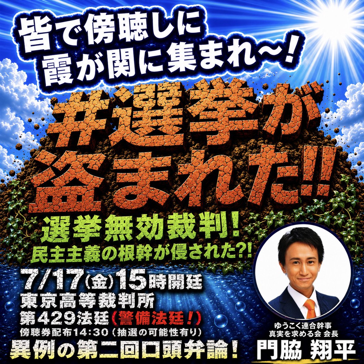 Yukoku_tokyo19's tweet photo. #選挙が盗まれた
#門脇翔平

いよいよ今週の金曜日です‼️
皆で傍聴しよう‼️ https://t.co/eDRkbLLDMA