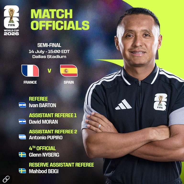 romeoauerbach's tweet photo. La @FIFAcom ha designado a @bartonref27 como árbitro del partido de semifinales entre ESPAÑA 🇪🇸 vs FRANCIA 🇫🇷 

Muy bien 👏👏👏 por Ivan y por 🇸🇻 https://t.co/eoSlBVbhNz