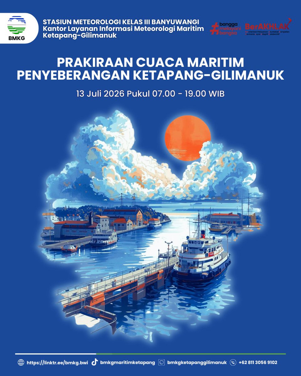 BMKG_bwi's tweet photo. 🌊📷 Mau menyeberang hari ini? Sebelum kapal bergerak, cek gambaran kondisi perairan Ketapang–Gilimanuk 12 jam ke depan agar aktivitas laut lebih aman dan nyaman. 📷 #Ketapang #Gilimanuk #Cuaca #Maritim #BMKG https://t.co/ZY8qRicWiM