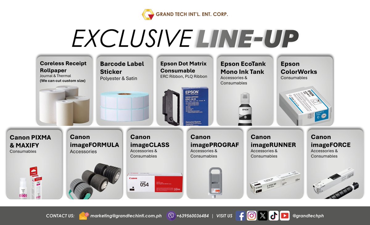 grandtechph's tweet photo. GRAND TECH EXCLUSIVE LINE-UP
13 July 2026
#Canon, #Epson, #ECLine, #HiStone, #Allthings, #iMIN, #Honeywell, #Urovo, #Thomson, #SOTI, #Wacom, #Tiandy, GRAND TECH #Consumables
Distributed by GRAND TECH INTL ENT CORP
marketing@grandtechintl.com.ph
Viber: +639560036484 https://t.co/Ty4AChHYrA