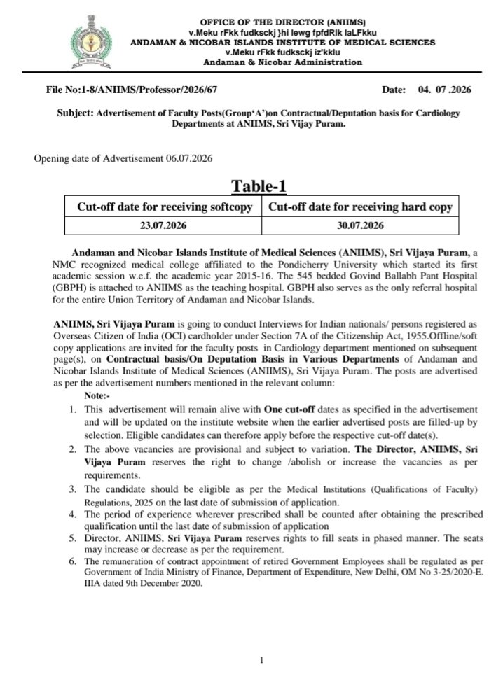 h_pongilath's tweet photo. Andaman & Nicobar Administration:
Advertisement of Faculty Posts (Group A) on Contractual/Deputation basis for Cardiology Departments at ANIIMS, Sri Vijay Puram
✓Cut off date for Soft Copy: 23/07/2026
✓for Hard Copy: 30/07/2026
#ANIIMS #Andaman #Cardiology #Doctors
(1/2) https://t.co/8uaBIoUTbO