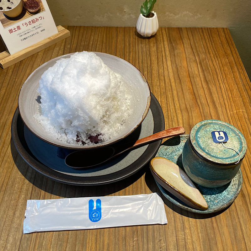 kaninaice's tweet photo. 久しぶりうさぎやカフェのうさ氷🐇
ふわふわ氷に蜂蜜＋どらやきに使われてるのと同じ極上の十勝産小豆のつぶ餡。そのまま食べても美味しいんだけど、更に…日本酒（２枚目）を…加えます！餡子と合う日本酒サイコー🐇🍶🐇 https://t.co/mR3G6BGQgV