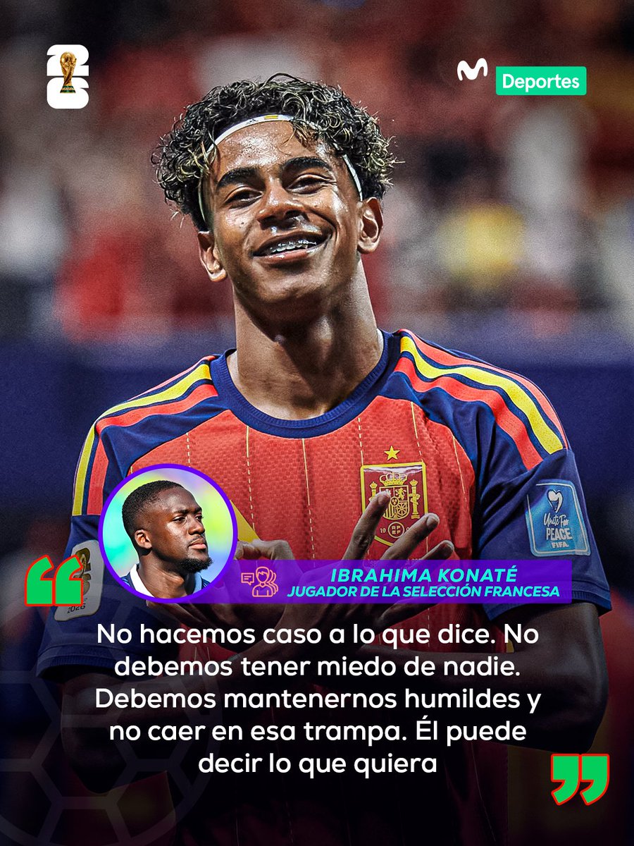 MovistarDeporPe's tweet photo. En la previa del duelo entre Francia y España por la semifinal del Mundial 2026, Ibrahima Konaté respondió a las declaraciones de Lamine Yamal y dejó en claro que la selección francesa no le teme a ningún rival. 🗣️🇫🇷🇪🇸 https://t.co/Rv4eYofkg5