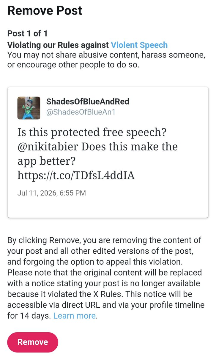 ShadesOfBlueAn1's tweet photo. 🚨 Finally out of X jail after 24 hours

Here's what happened:

- Saw a repost (on my post) that was a threat, & reported it to X as violent speech

- Shared a screenshot of *that* post, tagging Nikita & asking if that's protected free speech?

- Got a notification that *my* post has been reported as violent speech (lol what?)

- Locked out of X, appealed, no response. Waited for 24 hrs. No reaponse.

- Had to delete *my* post to get in

- Pretty sure the original post (that was the actual violent speech) is still up

Receipts 👇