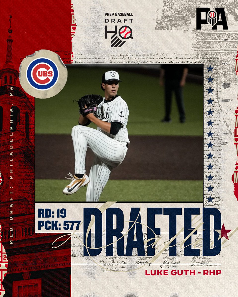 PrepBaseballPA's tweet photo. 𝓖𝓤𝓣𝓗 ➡️ 𝓒𝓤𝓑𝓢

Vanderbilt’s Luke Guth (Franklin Area, 2023) has been selected by the Chicago Cubs in the nineteenth round of the 2026 MLB Draft. 

Round 19, Pick 577. 

#MLBDraft #PABaseball https://t.co/1VHtTKrAzR