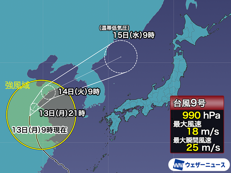 wni_jp's tweet photo. 【台風情報】
7月13日(月)9時現在、台風9号(バービー)は中国大陸を北上しています。
今後は徐々に進路を北東に変え、温帯低気圧に変わりながら日本海に進む予想となっています。

北日本はこの低気圧からのびる前線の影響で、強雨や大雨となるおそれがあります。
https://t.co/WmGxbubj4V https://t.co/QxXmSOpIjV