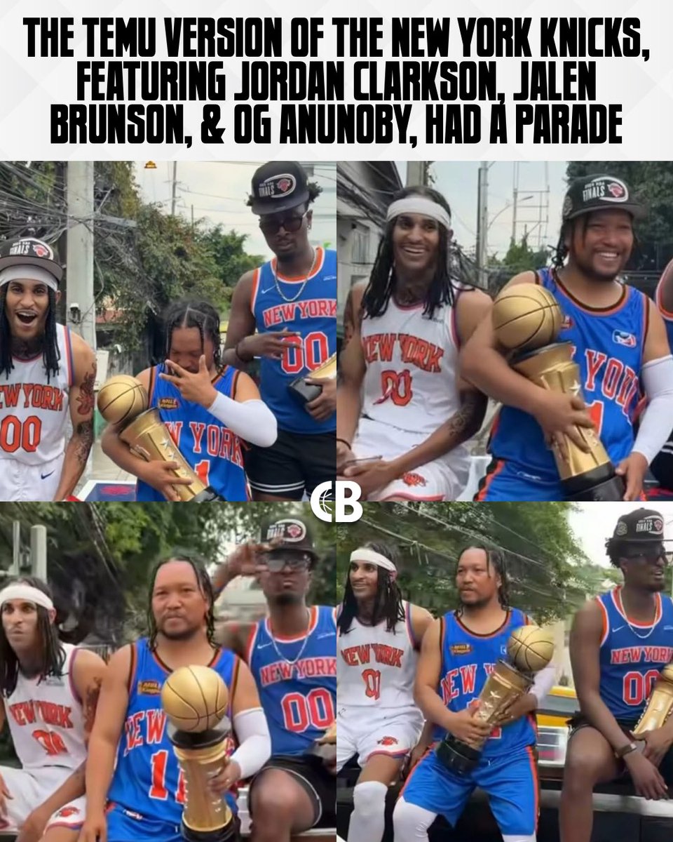 CourtsideBuzzX's tweet photo. The temu version of the New York Knicks, featuring lookalikes of Jordan Clarkson, Jalen Brunson, &amp; OG Anunoby, had a parade in the Philippines 😂🇵🇭

Do they look like them? 🤔 https://t.co/JeuAzisYx3