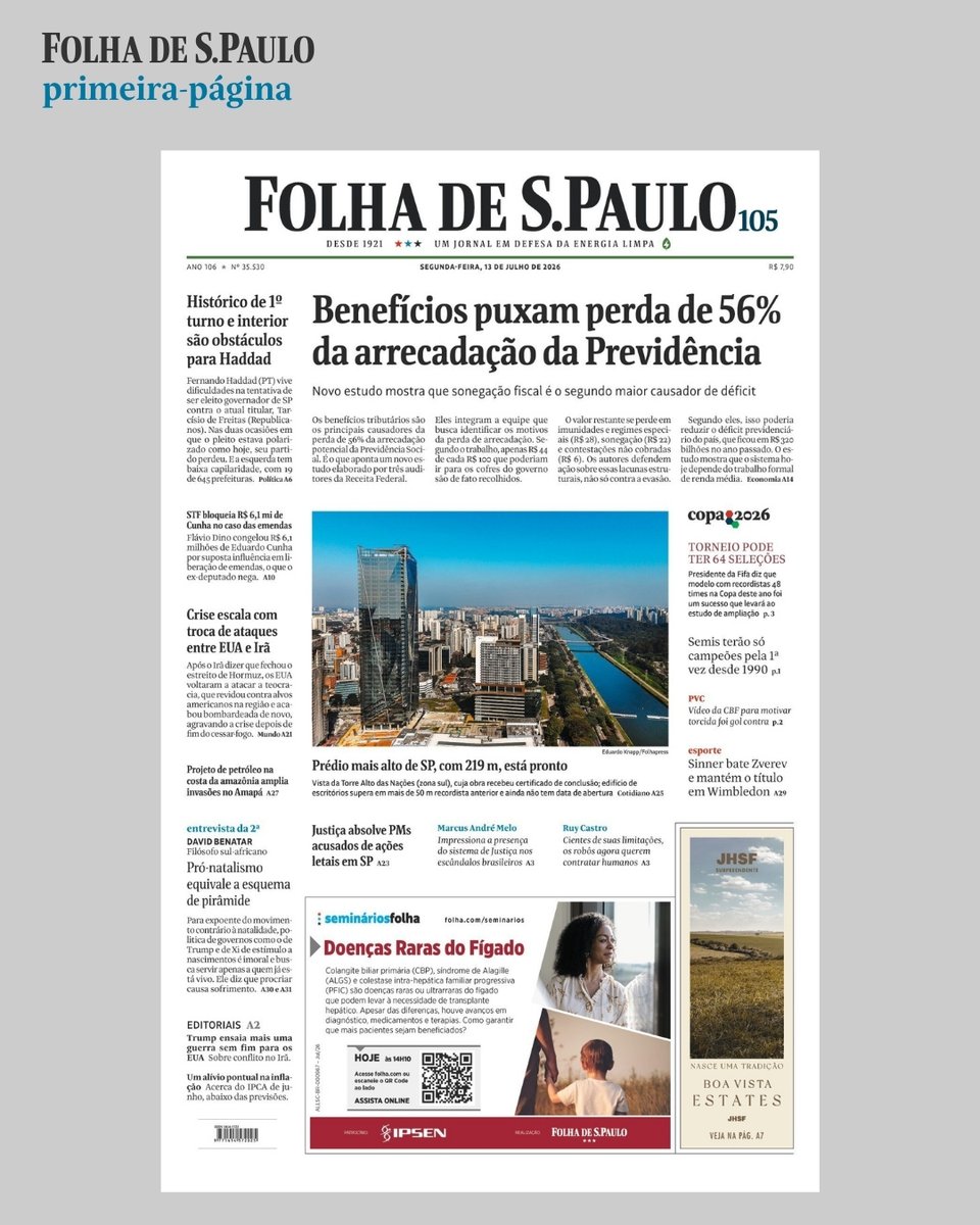folha's tweet photo. 📰 Veja a capa da #folha desta segunda-feira (13).
📲 Leia a edição digital na íntegra em https://t.co/u0sNZR4Sg0
#fsp #folhadespaulo #capadodia https://t.co/Cc73LH79Jg